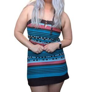 Vintage Y2K Volcom Striped Halter Mini Dress Polka Dot Chocolate Brown Aqua Blue
